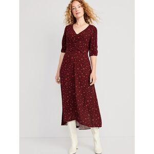 Old Navy | Burgundy Ditsy Floral Puff-Sleeve V-Neck Crepe Midi Dress | Small
